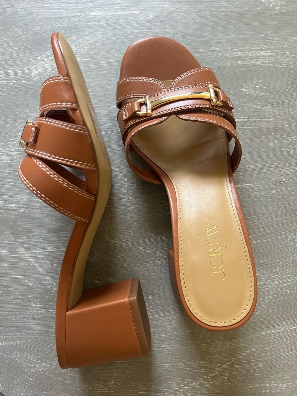 J.Crew NIB Cognac Leather Block Heel Mule Sandals Gold Horsebit Women’s Size 7 - Picture 8 of 11
